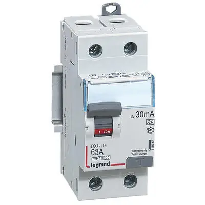 411556 Interrupteur différentiel Legrand DX³-ID arrivée haute et départ bas à vis – 2P 230V~ 63A typeA 30mA – 2 modules Commande En Gros