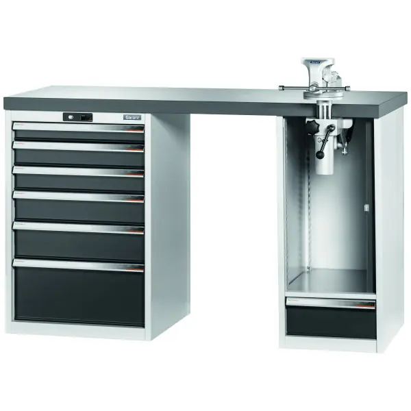 Achat Immédiat Etabli Vario avec 2 bâtis, dispositif de déplacement vertical rabattable, hauteur 950 mm, Plan de travail Eluplan de couleur foncée, 20×20G, Long. plan de travail 1500/6+1Tmm