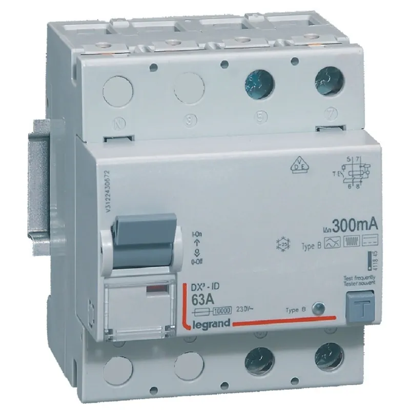 Achat Immédiat LEG411845 – Interrupteur différentiel DX³-ID haut/bas vis – 2P 230V~ 63A B 300mA -4 modules – Legrand